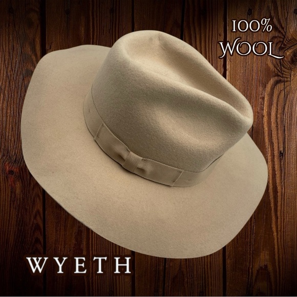 WYETH Wide Brim Fedora 100% Wool Felt Hat One Size Beige Neutral - Picture 1 of 15